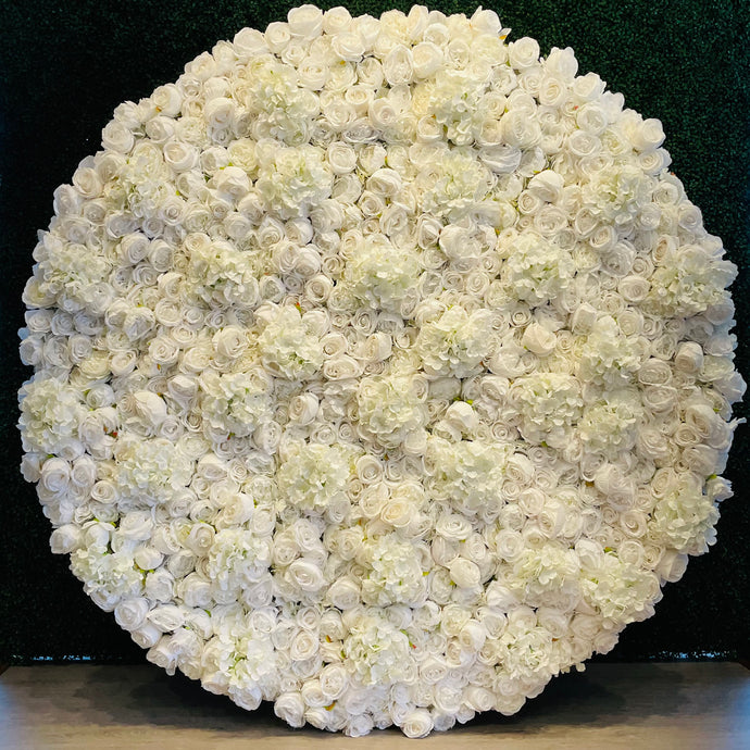 6ft Round White Flower Backdrop Rental